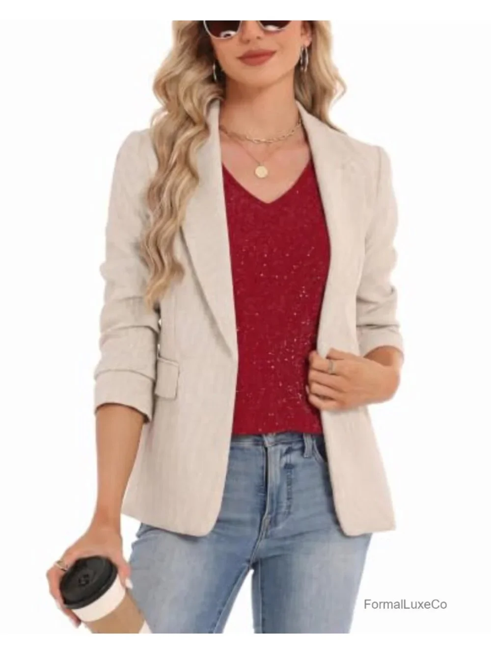 Women's 3/4 Sleeve Sequin Dressy Top V-Neck Double Layer Mesh Party Blouse